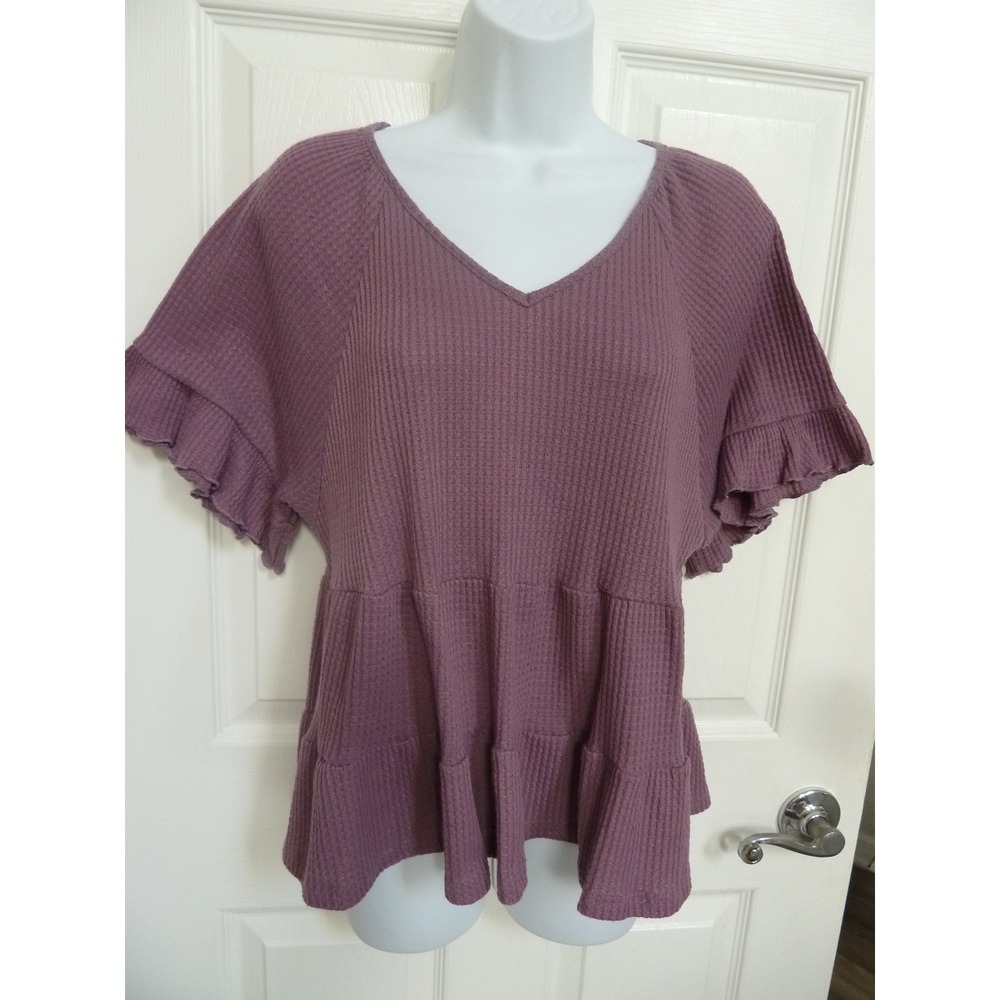 Altar'd State Purple Waffle Knit Tiered Babydoll Pullover Top Ruffle Sleeve Med